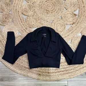 Garage Black Ribbed V-Collar Long Sleeve Crop Top